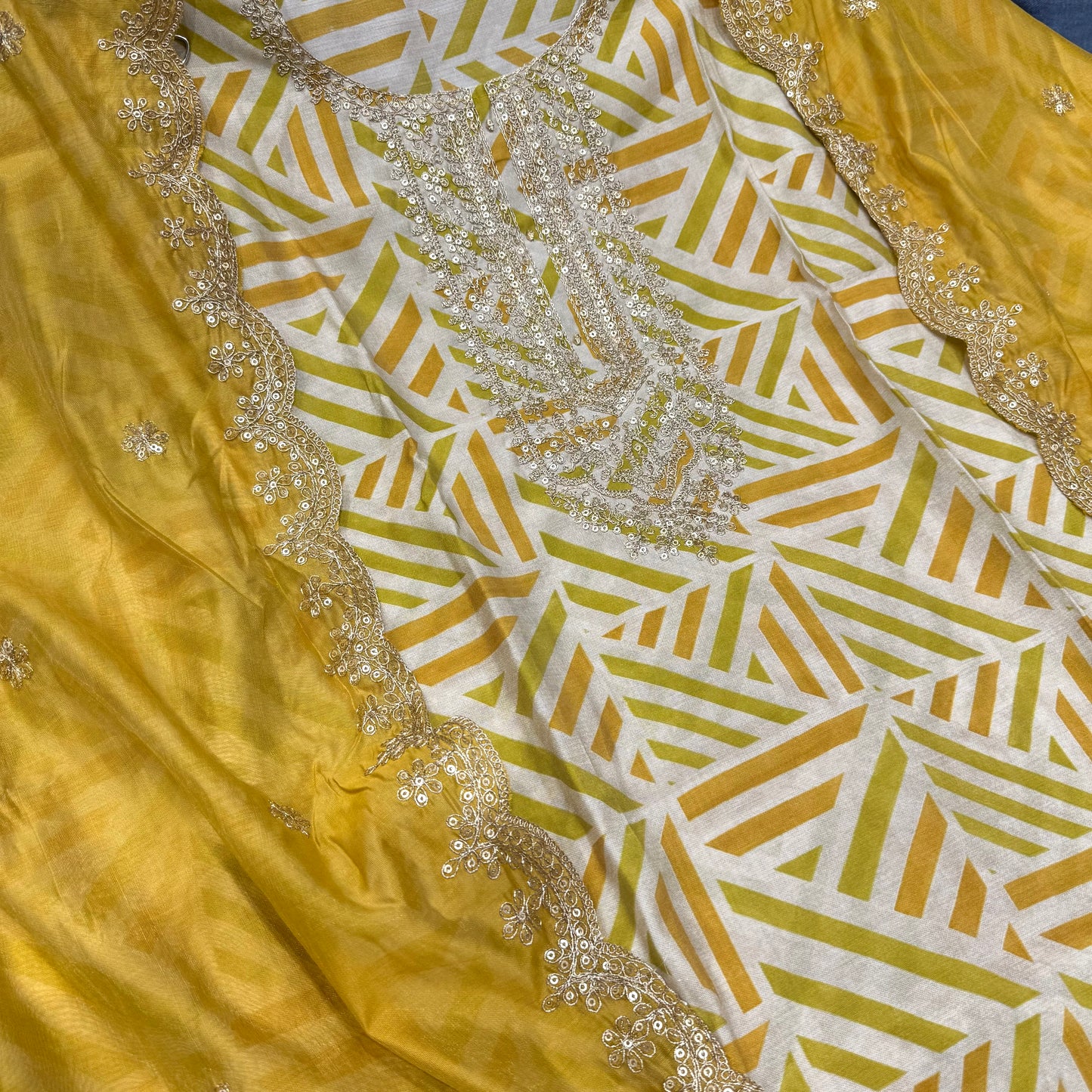 Elegant Geometric Print Modal Cotton Unstitched Suit Set with Embroidered Dupatta – Multiple Color Options ( base color is beige)