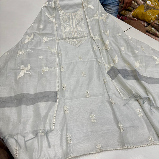 Silver Mal Chanderi Cotton Suit Set – Thread & Mirror Embroidered Neck with Embellished Dupatta & Pure Cotton Bottom