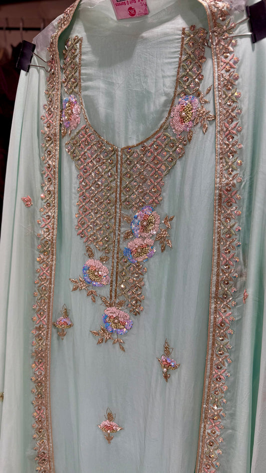Luxury Unstitched Pure Organza Zardozi Suit | Designer Dabka Embroidery Dress Material with Heavy Neck, Daman & Sleeves Work | 4-Side Embroidered Dupatta | Silk Bottom Fabric (US7235)