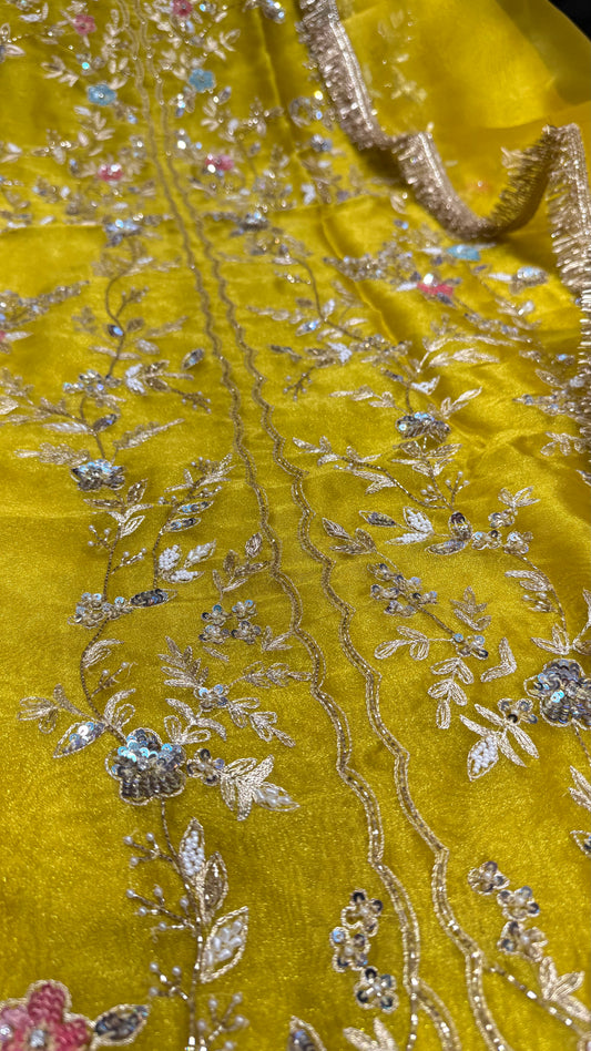 Unstitched Pure Glass Organza Hand Embroidered Achkan Suit with Kinari Lace Dupatta & Pure Crepe Bottom