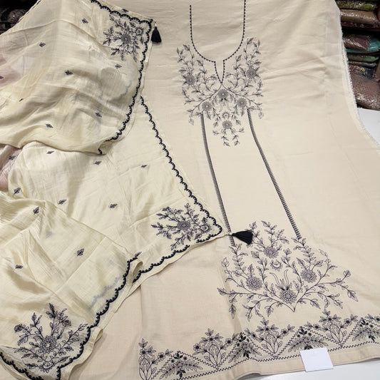 Natural Linen CottonBlack thread work Suit set