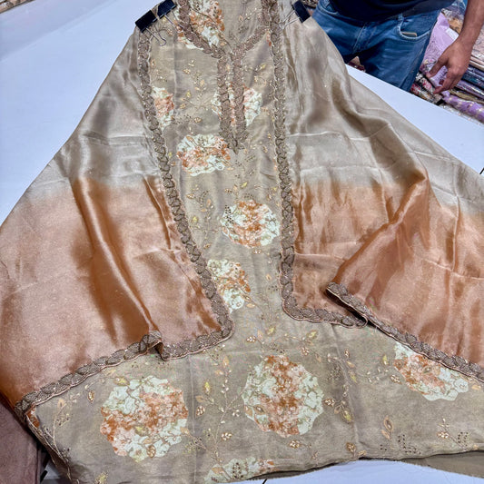 Luxury Unstitched Tissue Silk Embroidered Suit with Handwork Neck & Dual Tone Dupatta
