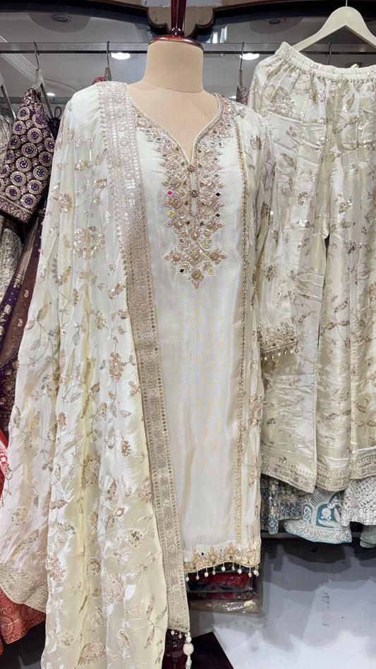 Elegant Ivory Embroidered Sharara Suit with Mirror and Sequin Work
