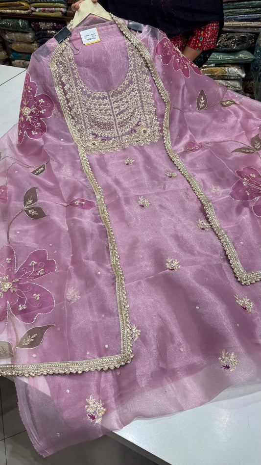 Elegant Zardozi Embroidered Unstitched Suit in Pure Glass Organza