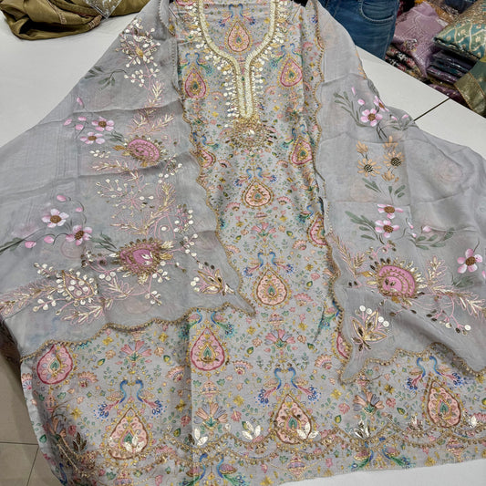 Royal Bloom Tussar Silk Suit Set – Hand Embroidered Luxury with Hand-Painted Organza Dupatta