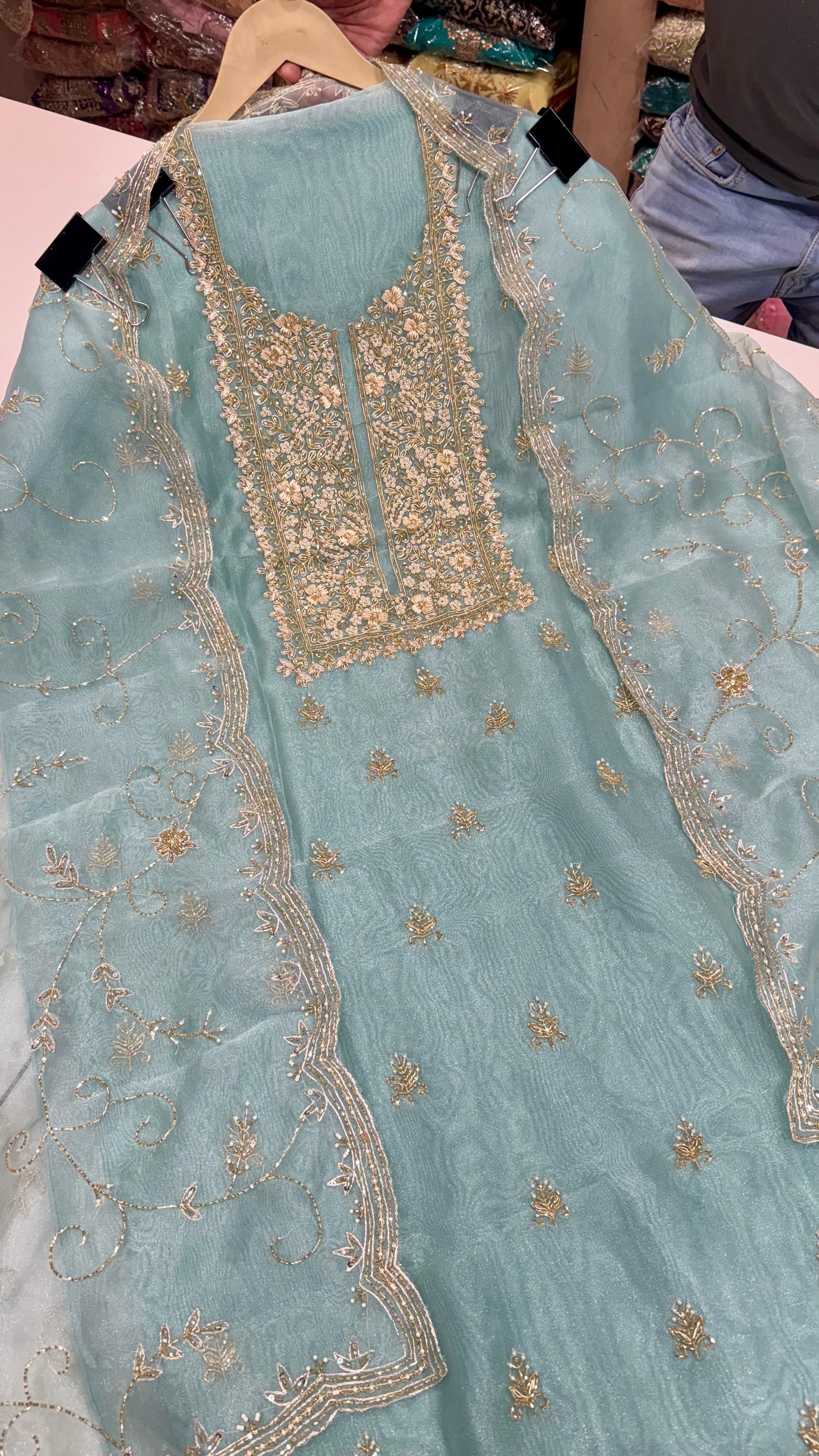 Glass Organza Unstitched Suit with Heavy Zardozi Hand Embroidery