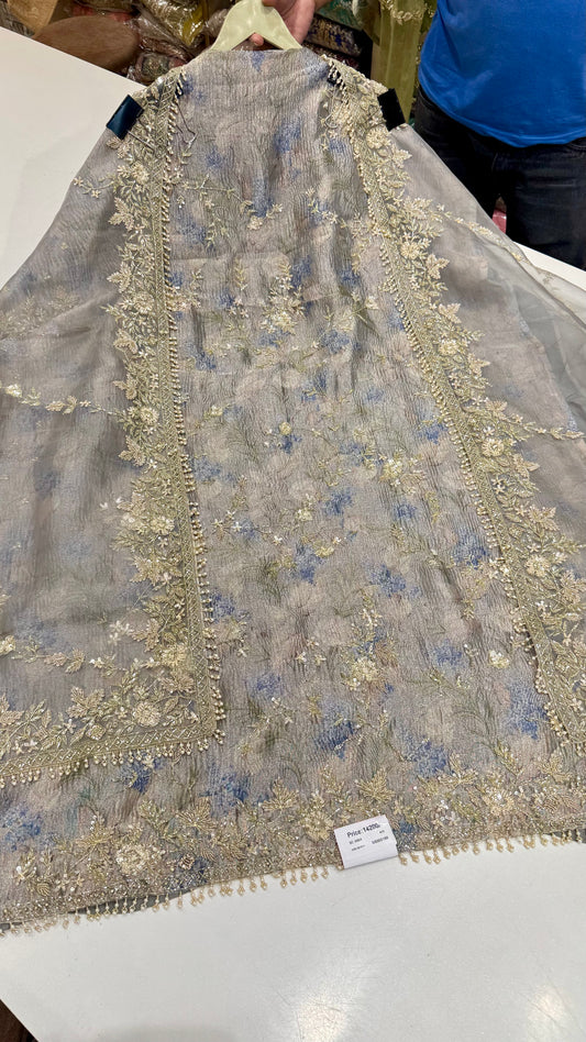 Pure Crush Tissue Unstitched Suit with Zardozi Embroidery