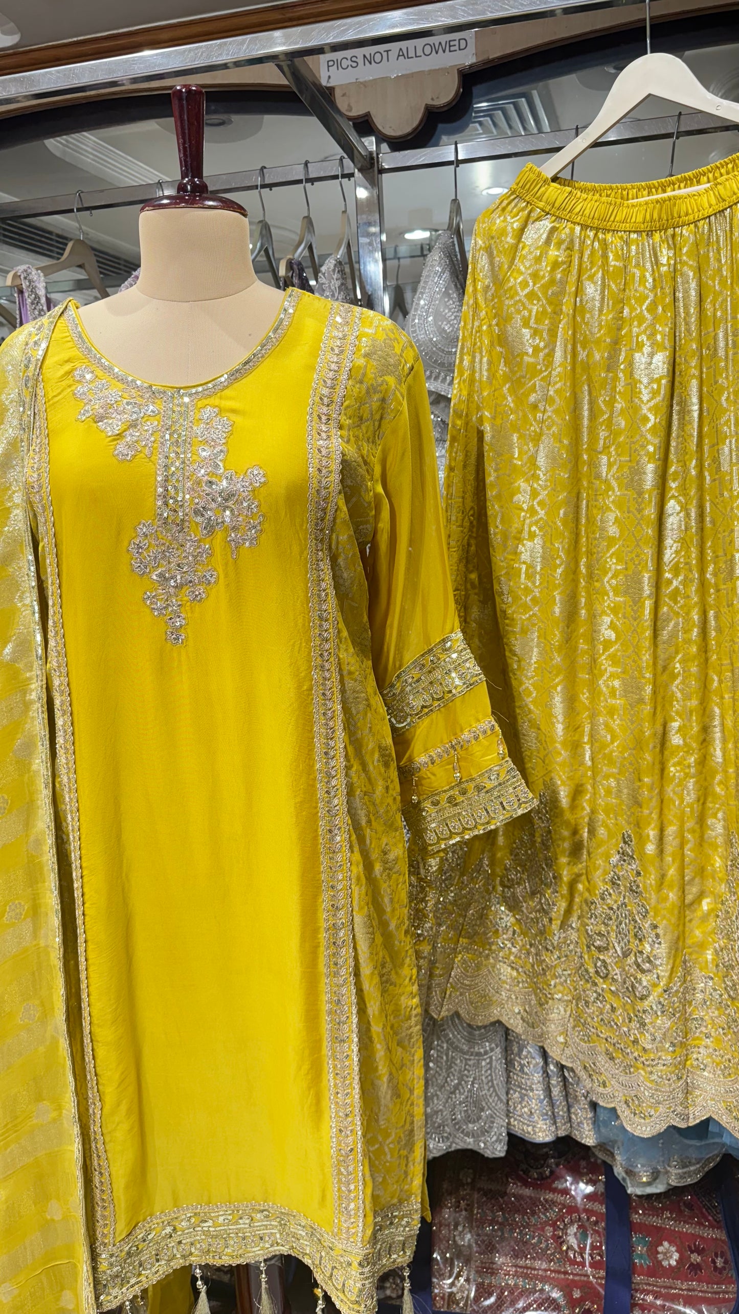 Mustard Yellow Embroidered Silk Pakistani Party Wear Dress with Dupatta and Skirt