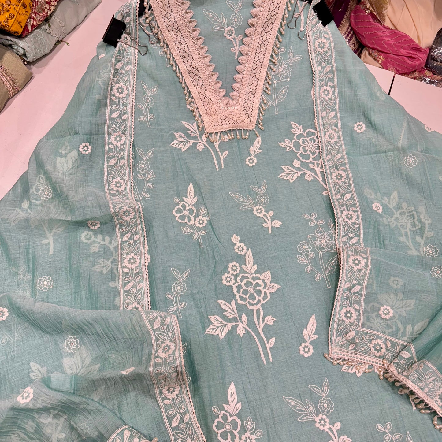 Elegant Unstitched Pure Mulmul Cotton Suit with Delicate Lace Neck, Kalamkari Threadwork, and Matching Cotton Bottom