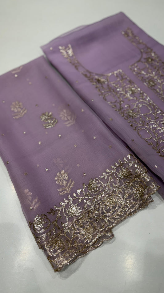 Luxury Unstitched Pure Crush Organza Suit with Hand Embroidered Peeta Work | Premium Designer Party Wear & Wedding Dress Material