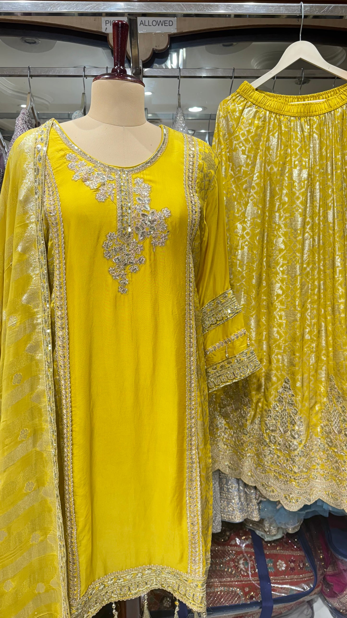 Mustard Yellow Embroidered Silk Pakistani Party Wear Dress with Dupatta and Skirt