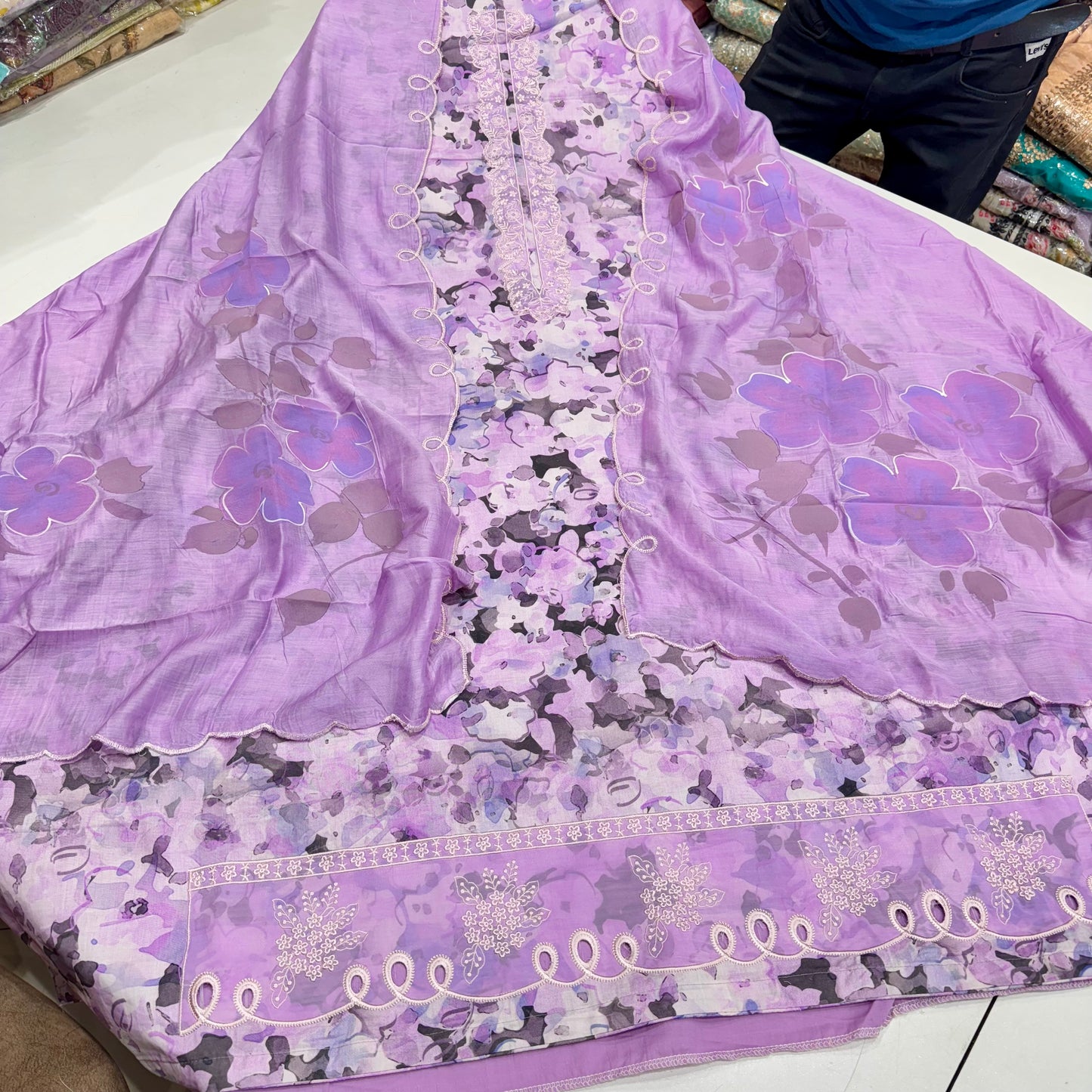 Elegant Pure Cotton Suit with Embroidered Neck & Cutwork Ghera | Hand-Painted Cotton Dupatta Set