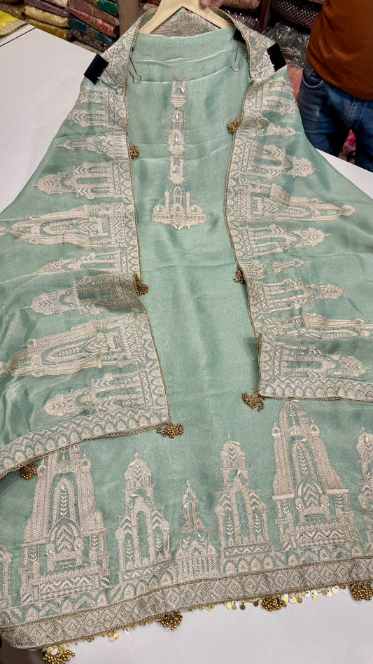 Heritage Temple Motif Unstitched Shimmer Tissue Suit Set