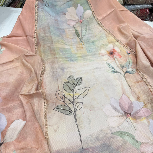 Peach Floral Printed Cottarage Cotton Suit with Embroidered Border