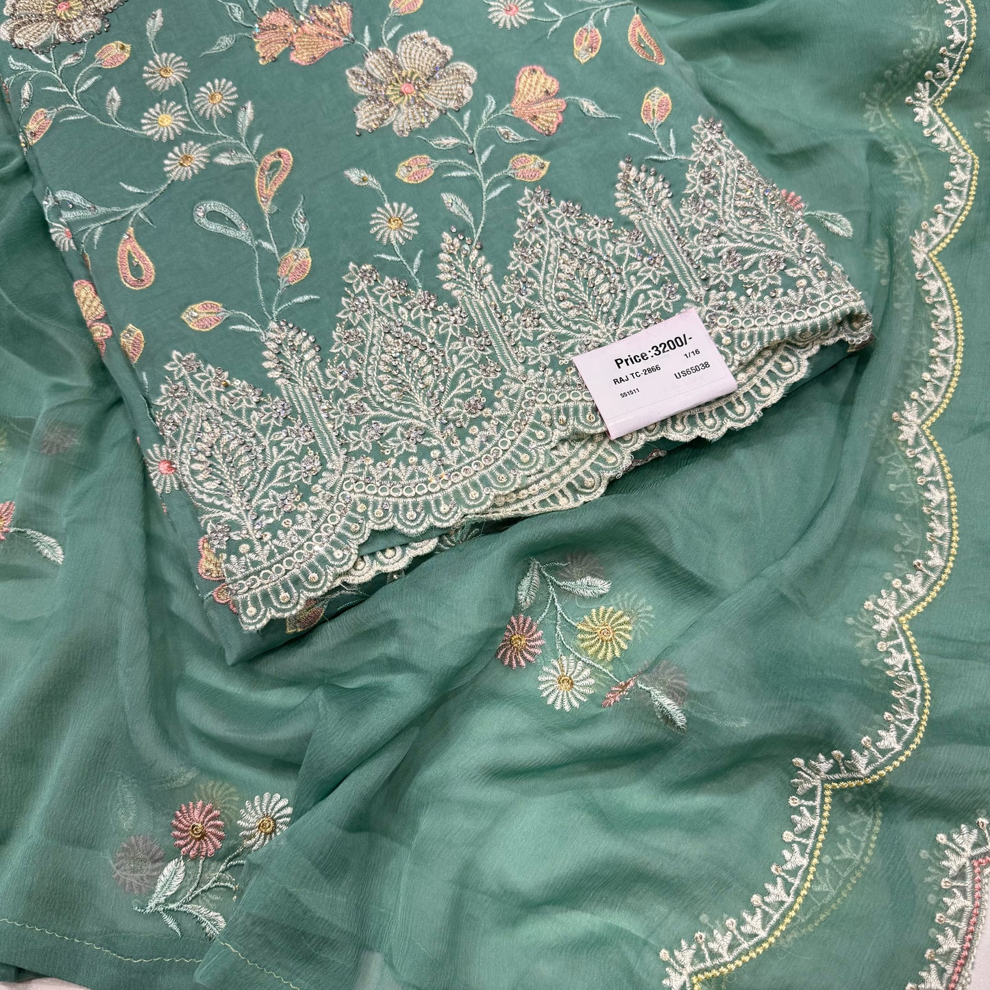 Multicolor Thread work Orgenza Suit set with chiffon dupatta