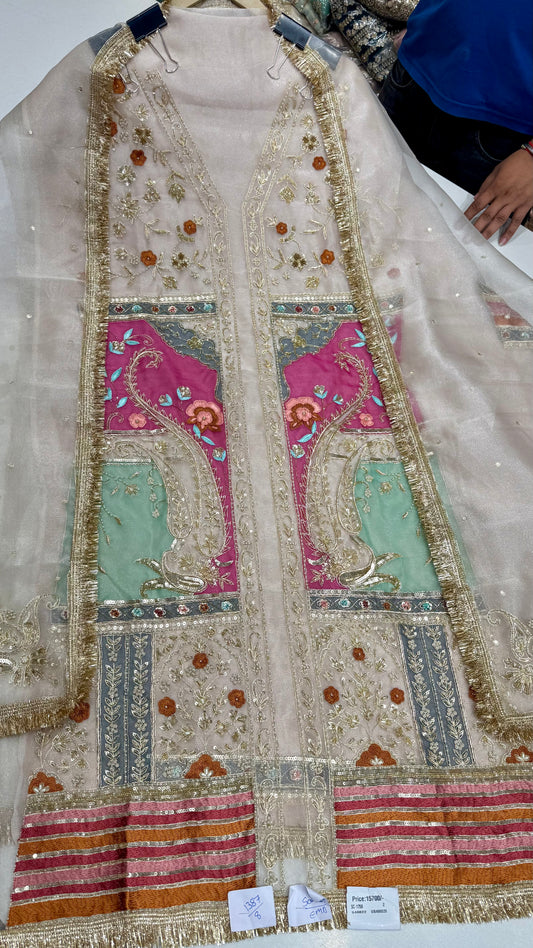 Luxury Pure Glass Organza Hand-Embroidered Unstitched Suit with Zardozi Detailing