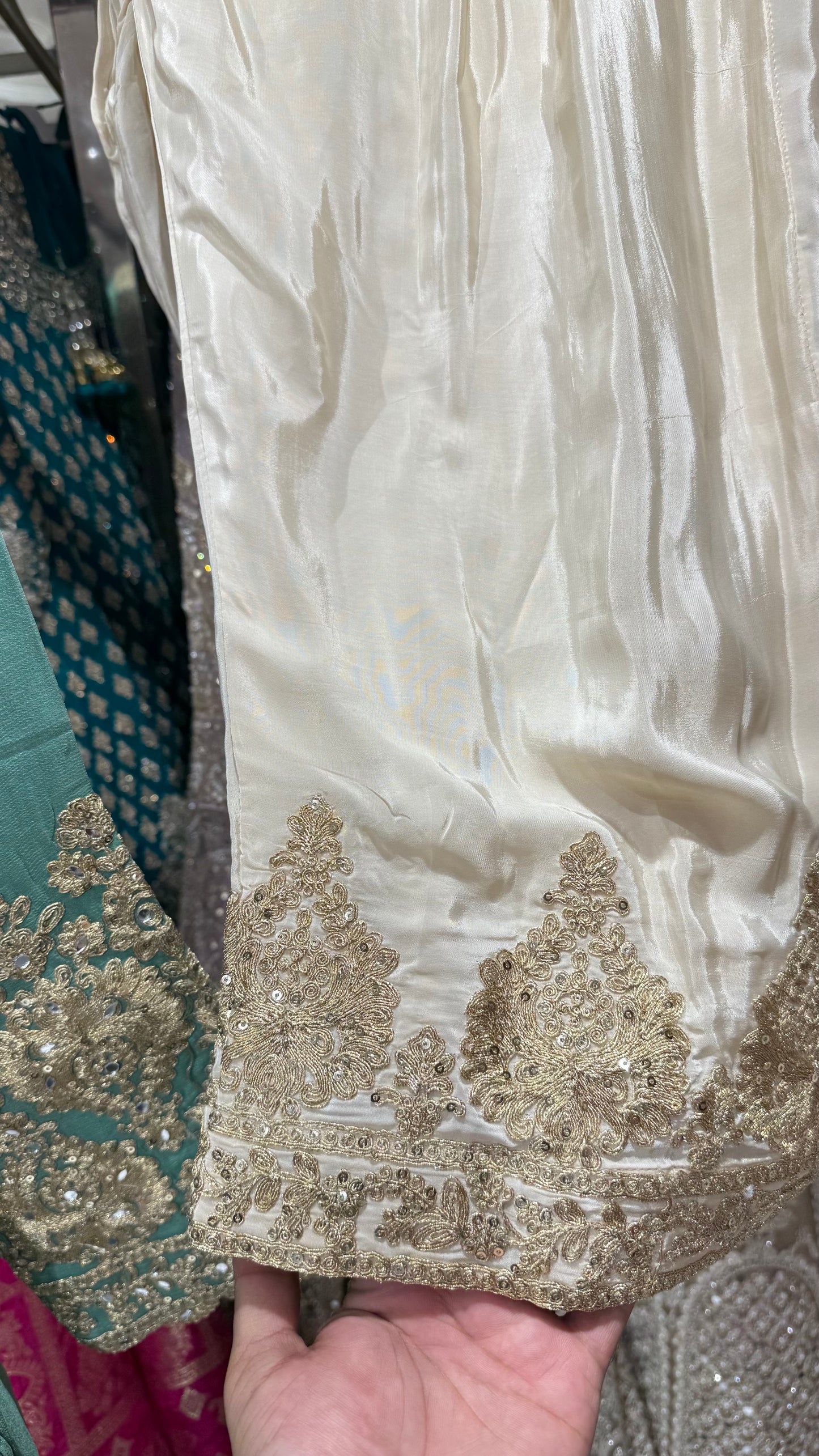 Designer Hand-Embroidered Pure Chinon Farshi Salwar Suit – Readymade Free Size (Up to 46” Bust)