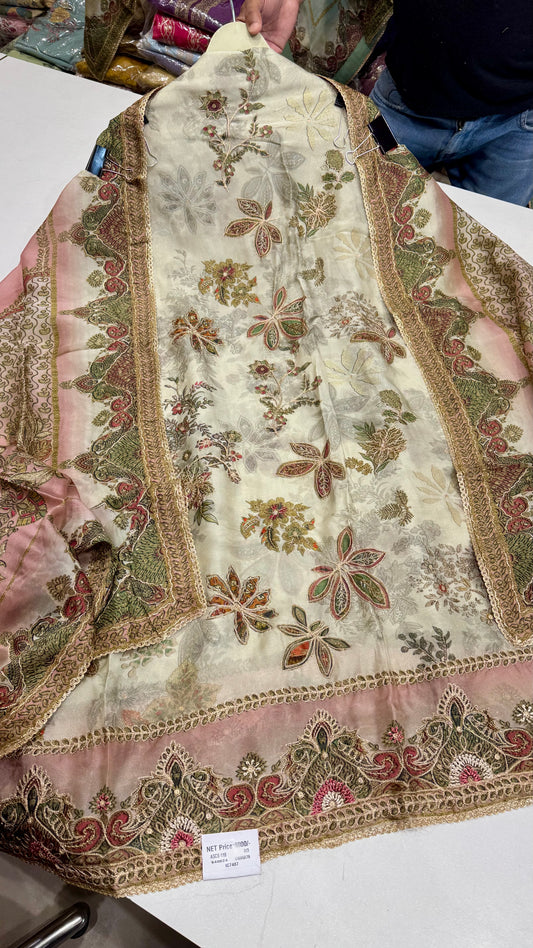 Sabyasachi Inspired Russian Silk Digital Print & Hand Embroidered Suit Set