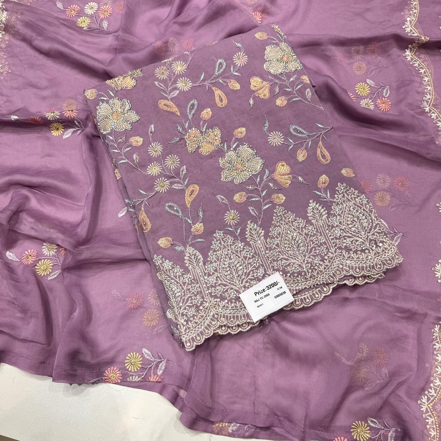 Multicolor Thread work Orgenza Suit set with chiffon dupatta