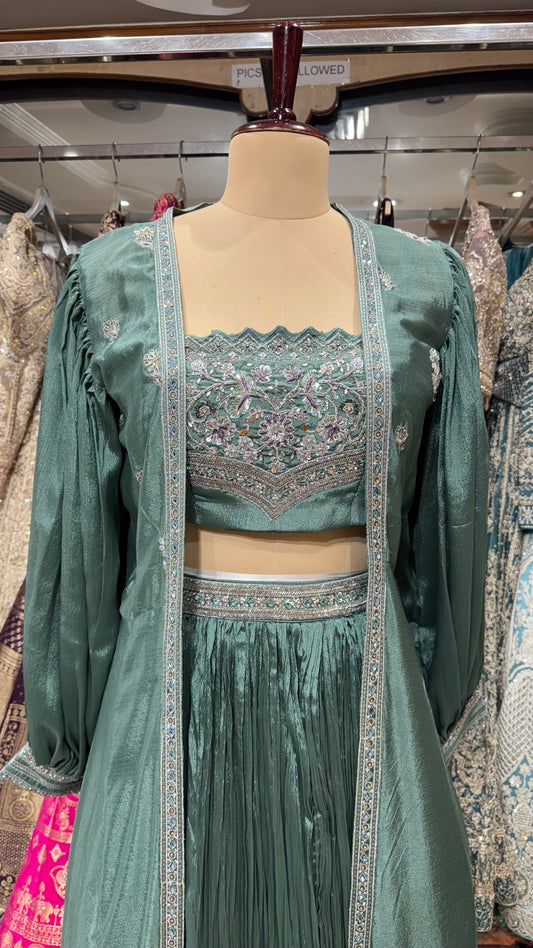 Graceful 3-Piece Indo-Western Cape Dress – Hand Embellished Chinon Crepe Blouse, Skirt & Flowing Cape Jacket