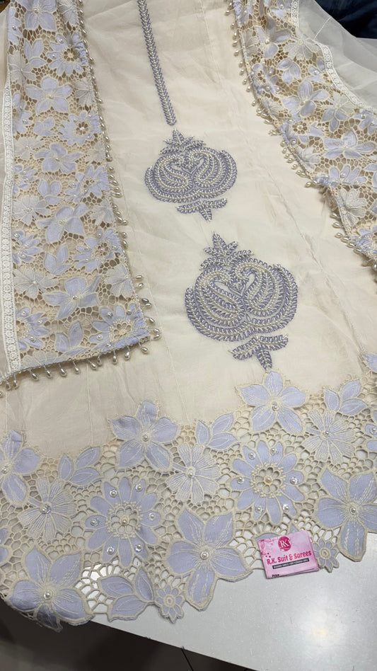 Luxury Pure Mul Mul Cotton Unstitched Suit with Hand Embroidered Pearl Work & Crochet Lace Detailing | Dupatta & Pure Muslin Cotton Bottom (2.5m)