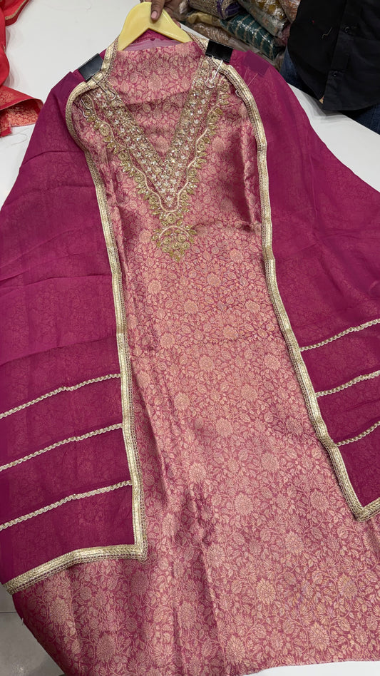 Designer Pure Brocket Silk Unstitched Suit with Zardozi Handwork & Organza Dupatta
