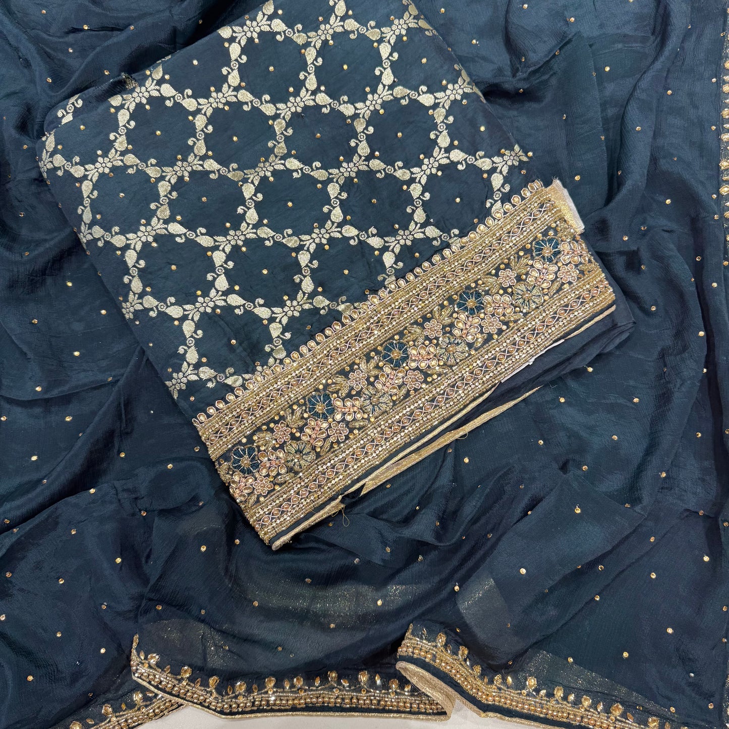 Banarsi Silk Handwork Suit set with Chinon dupatta