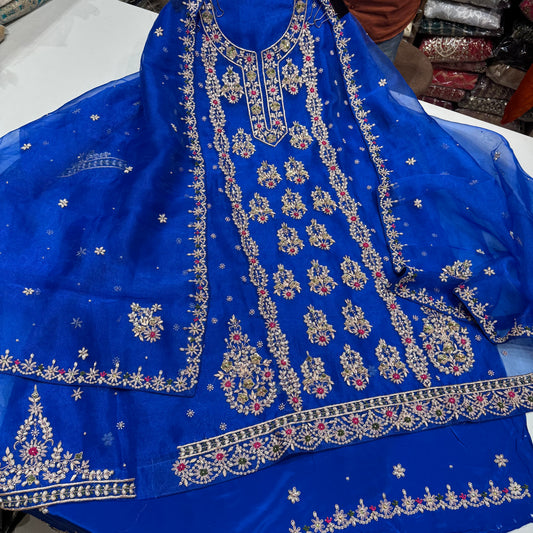 Embroidered Organza Unstitched Suit - Traditional Floral Design with Dupatta (Available in Rust & Royal Blue)