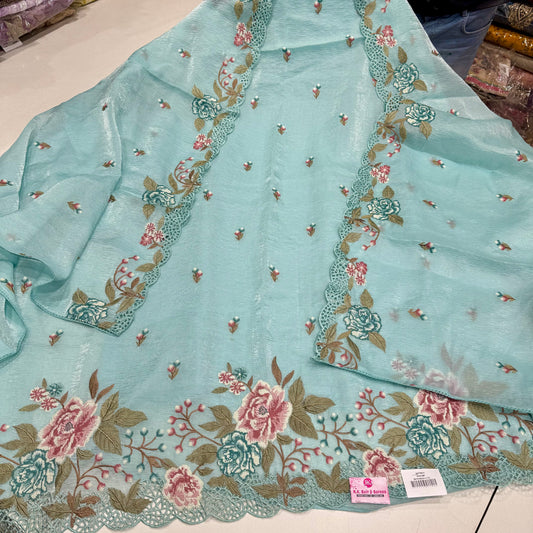 Crush Organza Parsi Work Suit with Four-Side Border Dupatta and Silk Bottom