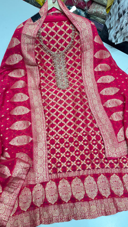 Designer Pure Mysore Georgette Hand Embroidered Unstitched Suit