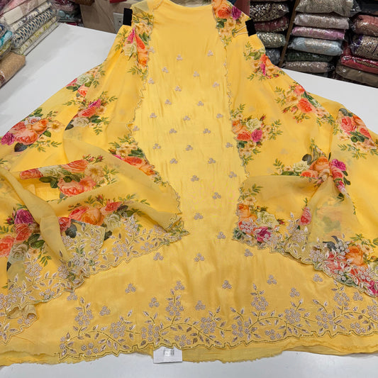 Luxury Silk Unstitched Suit with Hand-Embroidered Pearl Work, 2.5m Silk Bottom & Floral Printed Organza Dupatta with Dual-Side Embroidery