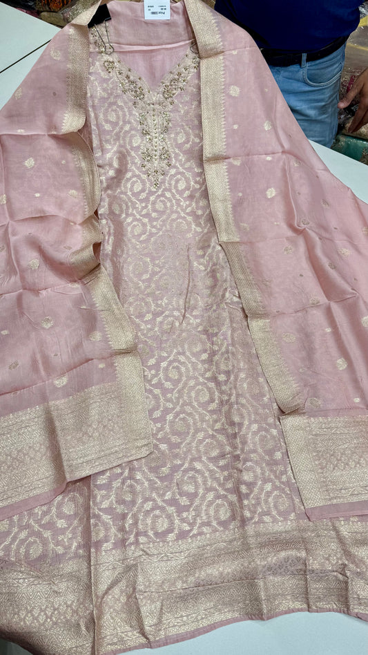 Elegant Banarasi Tissue Unstitched Suit with Dabka Handwork