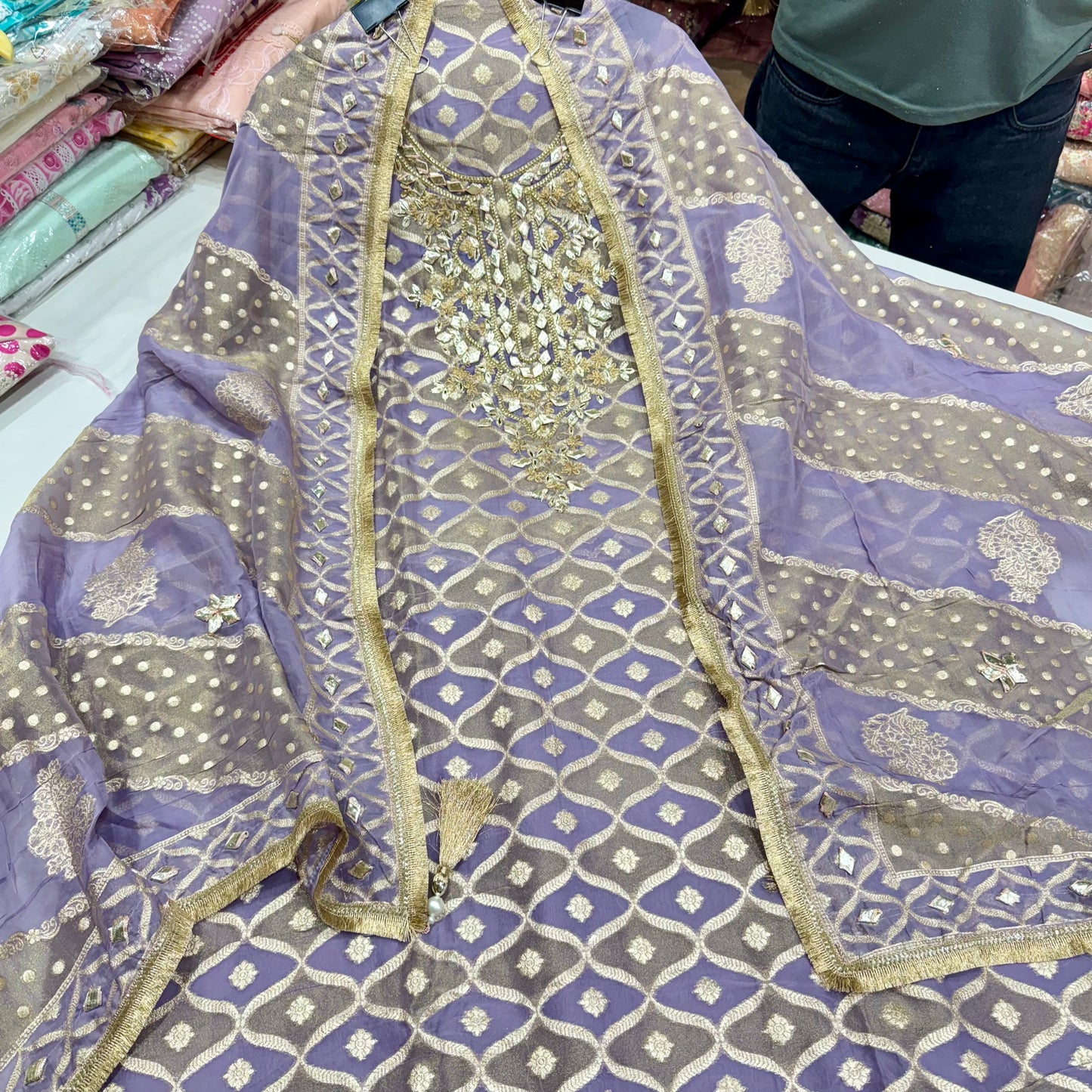 Luxury Banarasi Tissue Unstitched Suit Set – Gota Patti Glam with Statement Dupatta & Silk Bottom (2.5m)