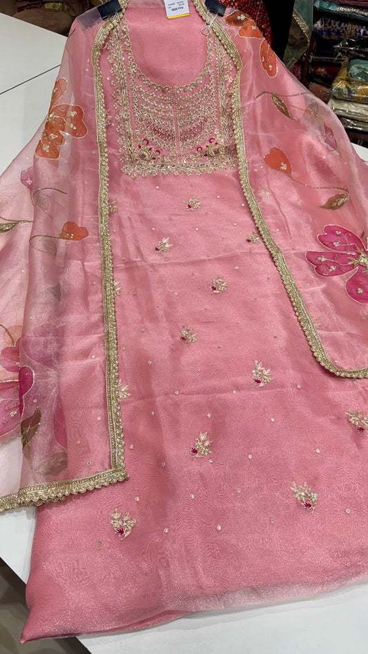 Elegant Zardozi Embroidered Unstitched Suit in Pure Glass Organza