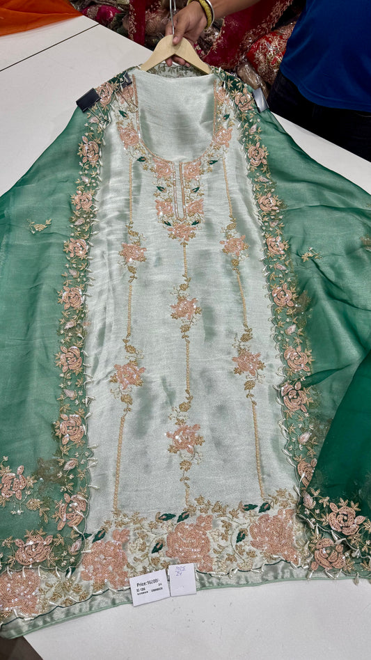 Luxury Hand-Embroidered Unstitched Shimmer Tissue Suit with Organza Dupatta