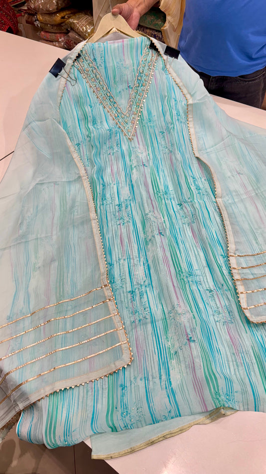 Elegant Stripe Unstitched Organza Suit with Hand Zardozi Neckwork