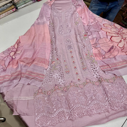 Muslin Pakistani Suit with Embroidered Chinon Dupatta & Soft Silk Bottom (2.5 Meter)