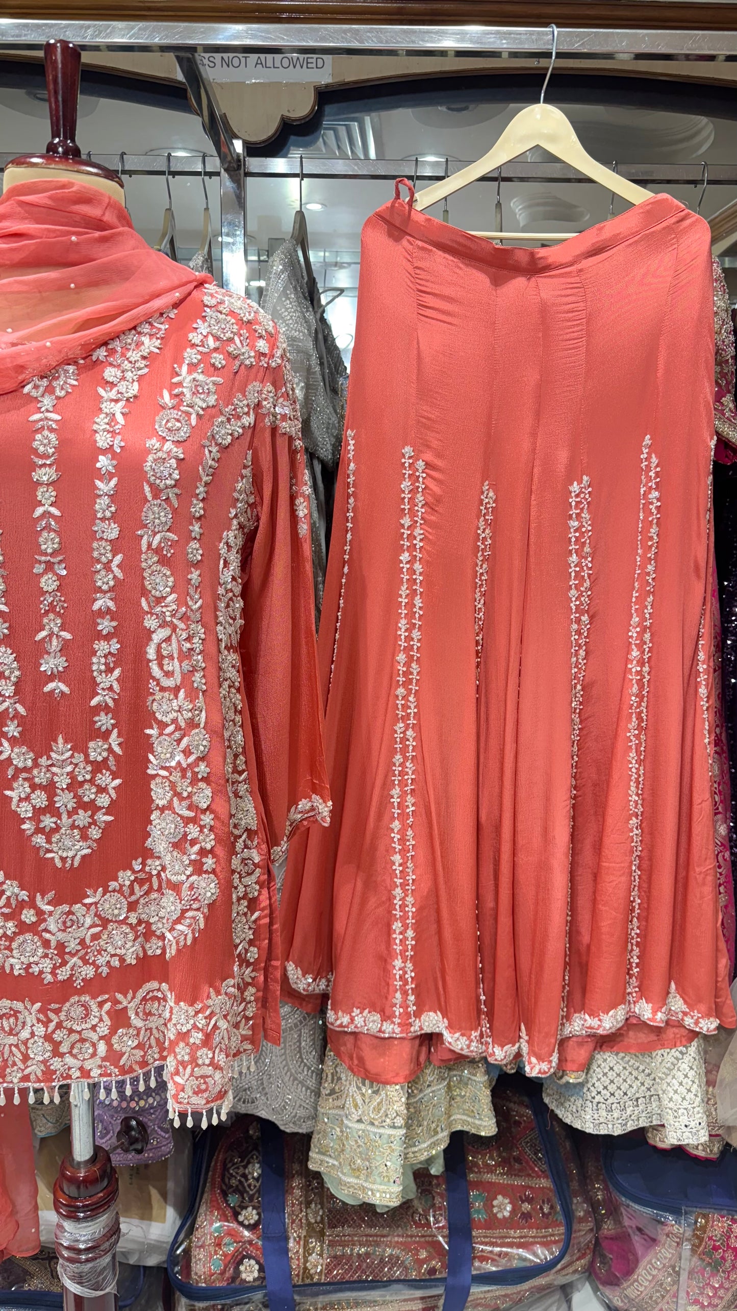 Embroidered Chinon Sharara Suit Set with Pearl Detailing – Available in Peach, Bottle Green & Navy Blue