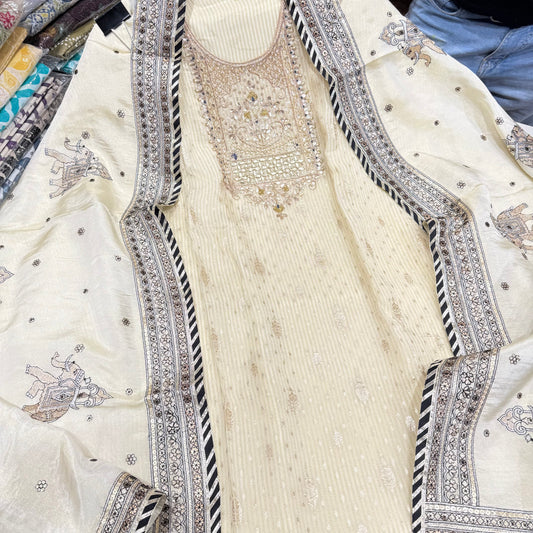 Luxury Ivory Gold Pure Lurex Tissue Silk Suit with Zardozi Embroidery and Silk Bottom