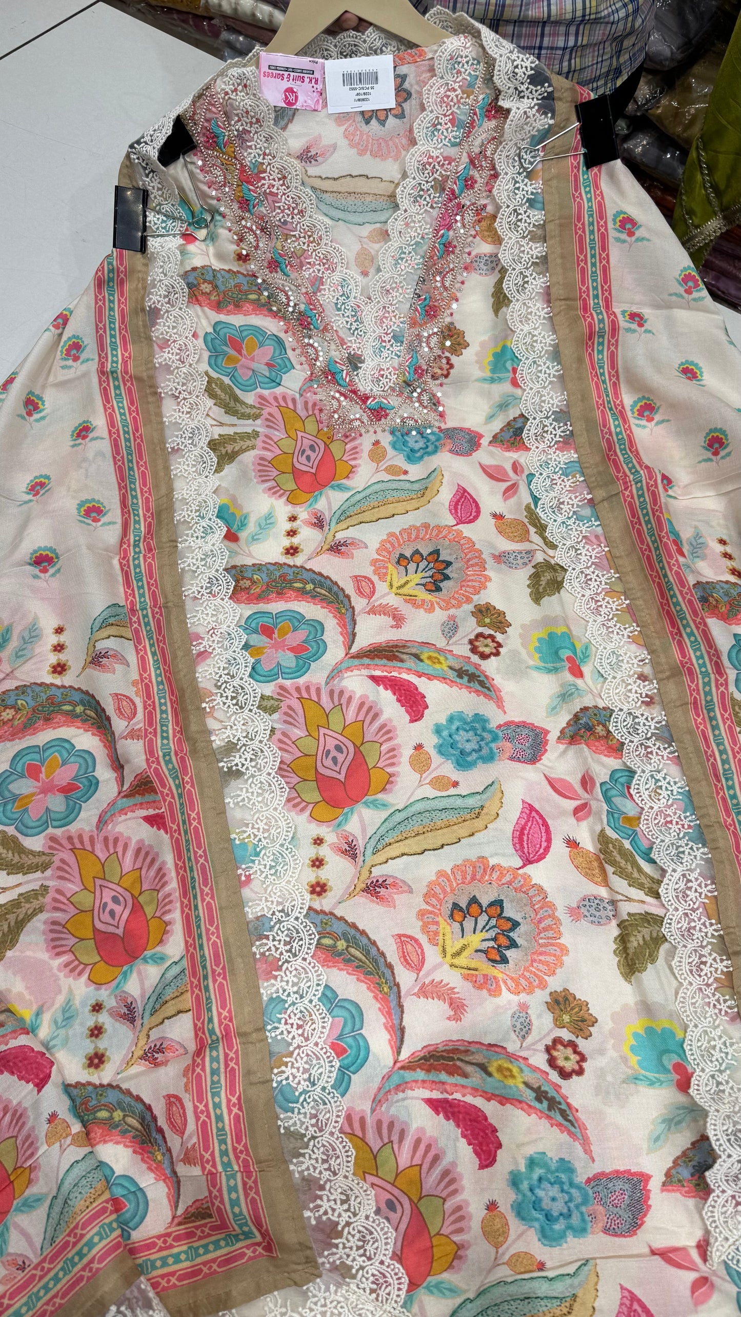 Elegant Muslin Printed Suit with Hand-Embroidered Neckline, Silk Bottom & Muslin Dupatta (3-Piece Set)