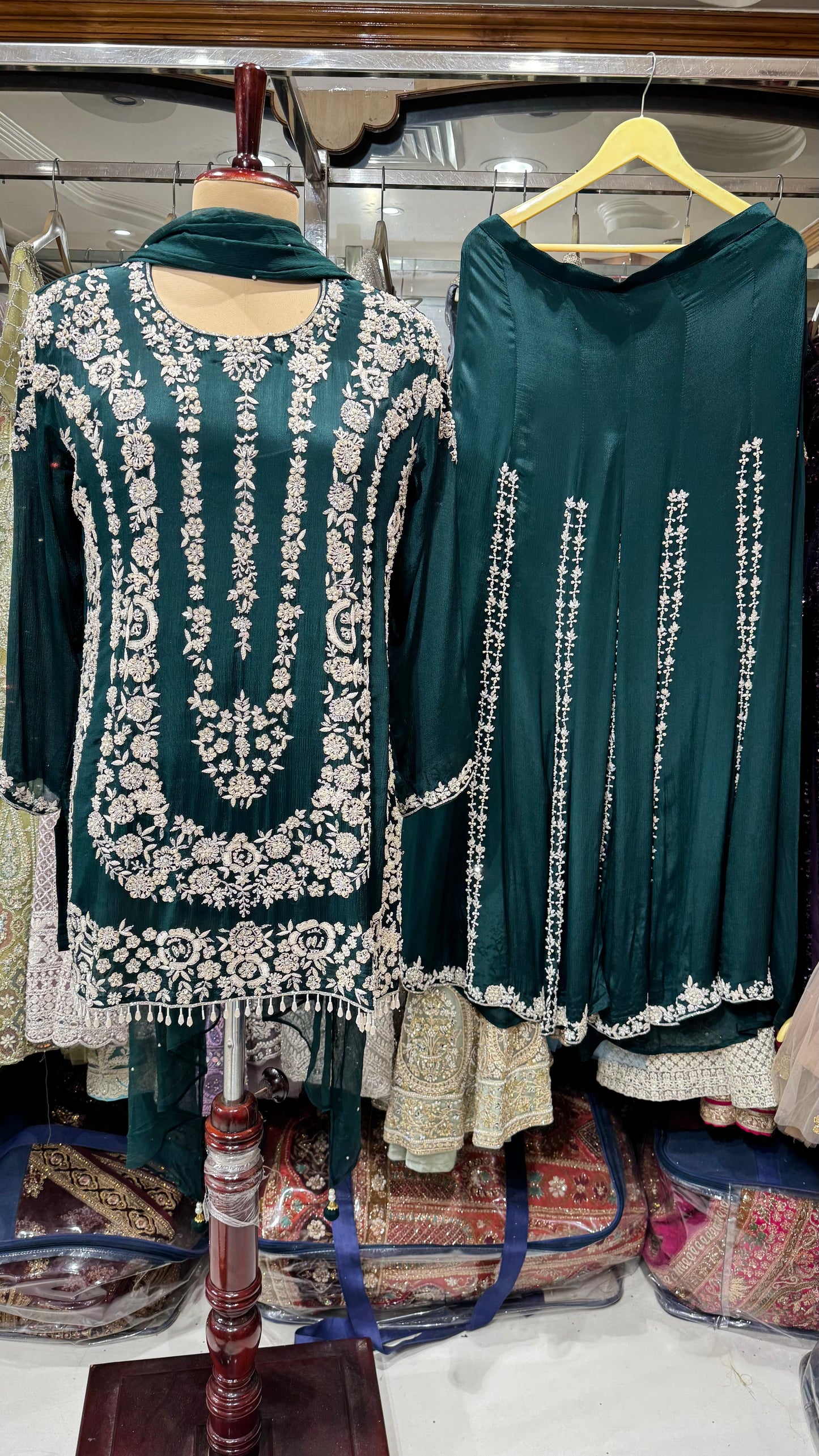 Embroidered Chinon Sharara Suit Set with Pearl Detailing – Available in Peach, Bottle Green & Navy Blue