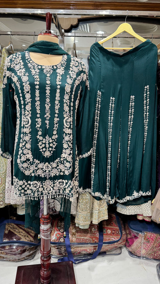 Embroidered Chinon Sharara Suit Set with Pearl Detailing – Available in Peach, Bottle Green & Navy Blue