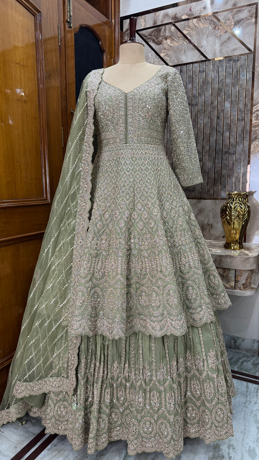 Elegant Readymade Pure Tissue Zari-Aari Mirror Work Lehenga Anarkali with Net Dupatta (Free Size up to 44 Bust)