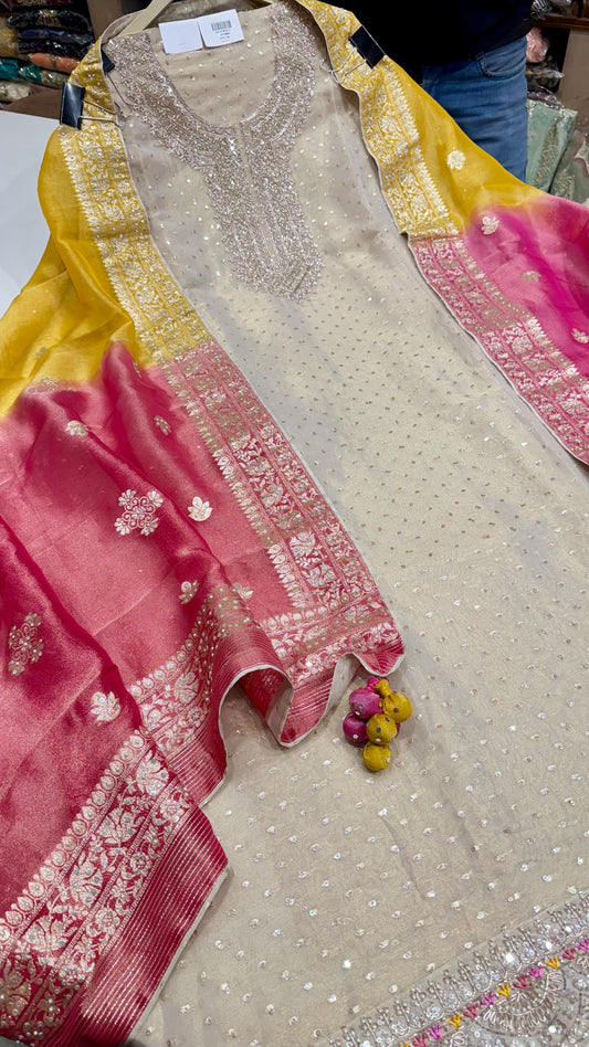 Ivory gold banarsi tissue handwork neck and banarsi tissue multicolor dupatta suit set