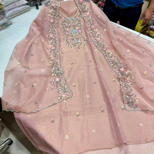 Unstitched Tissue Silk Kalamkari Embroidered Suit with Handwork Neck & Organza Dupatta