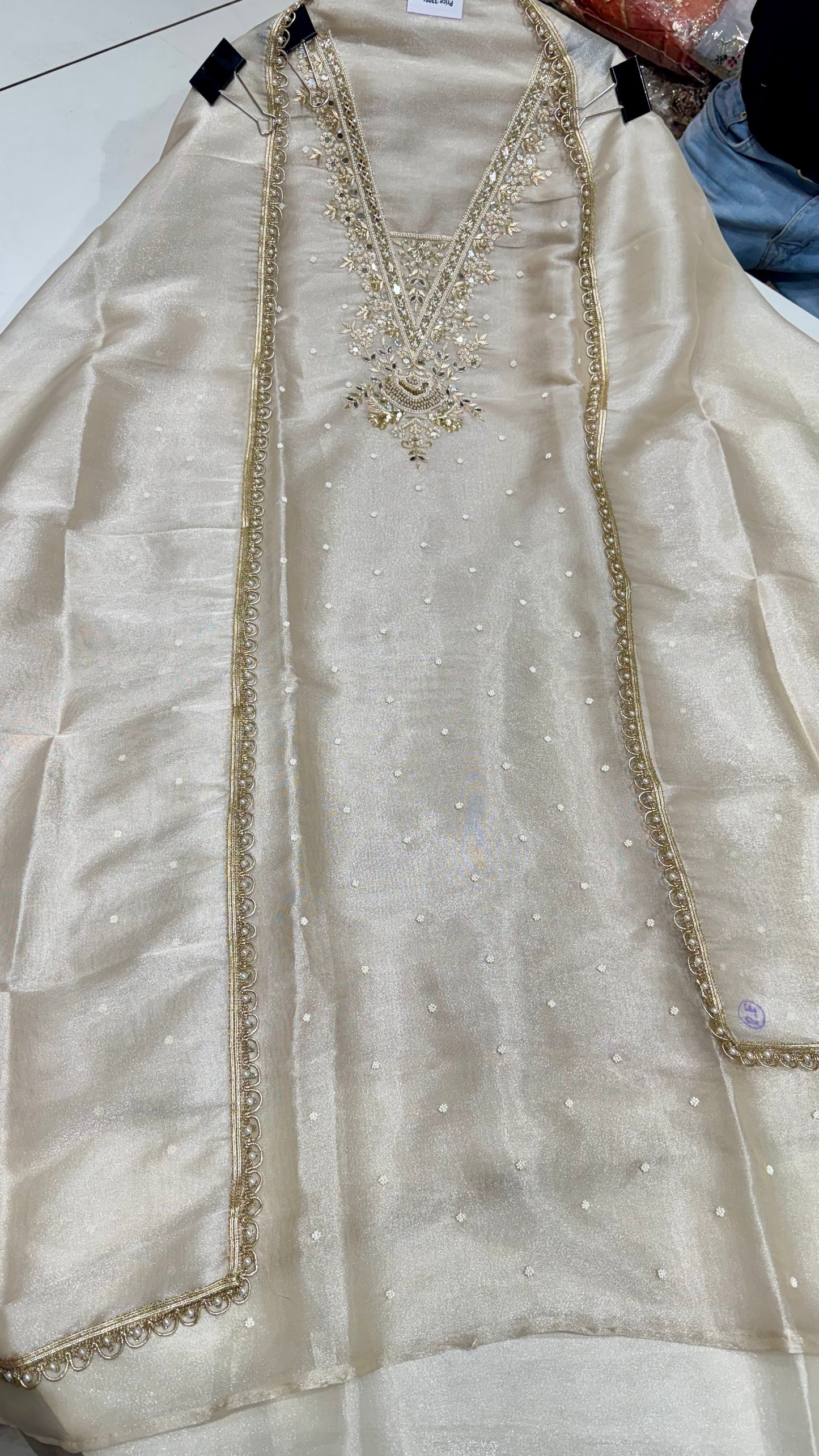 Elegant Burbery Tissue Unstitched Suit with Zardozi & Pearl Embellishments