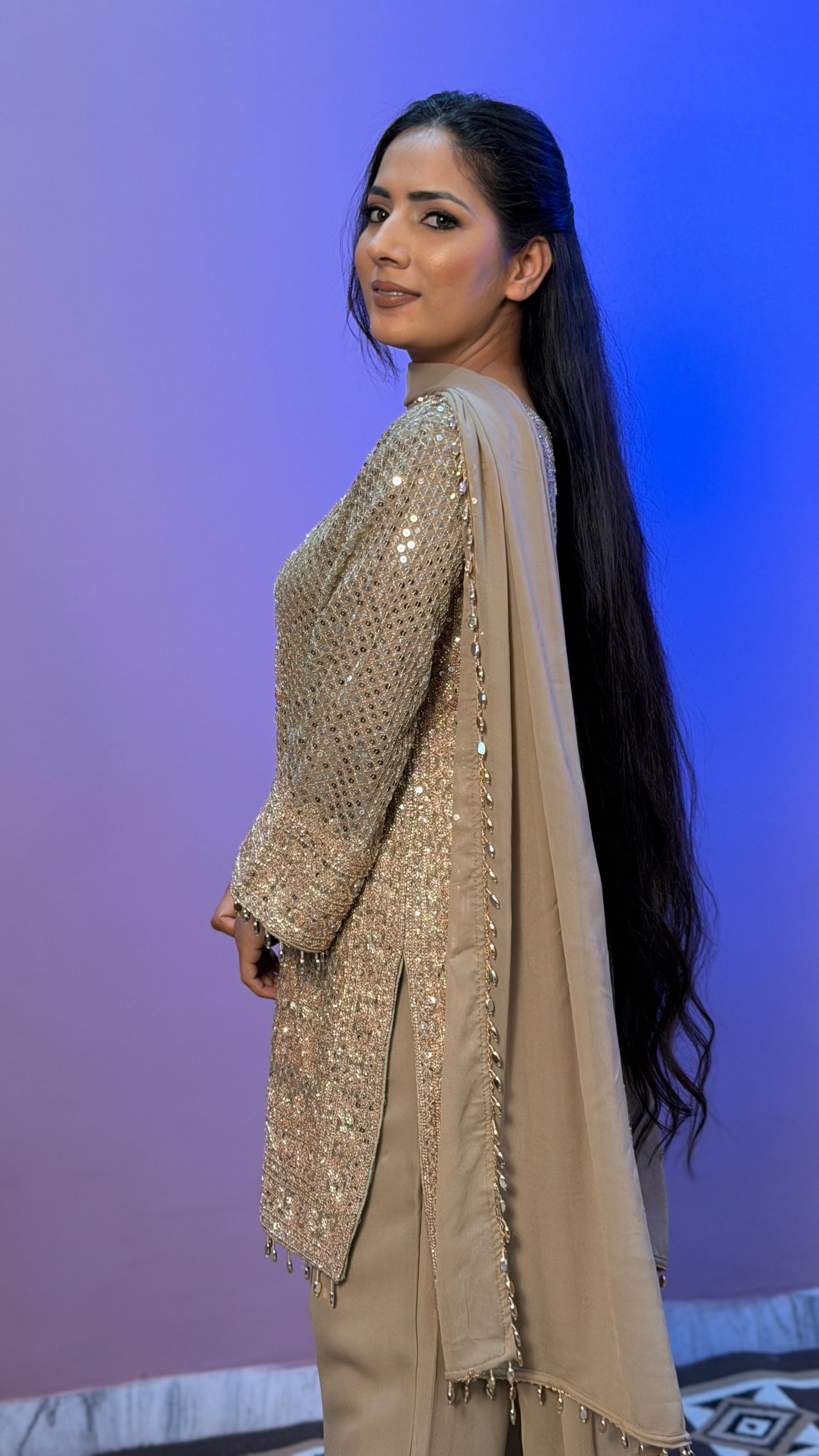 Champagne Gold Pure Georgette Designer Pants Suit with Latkan Dupatta