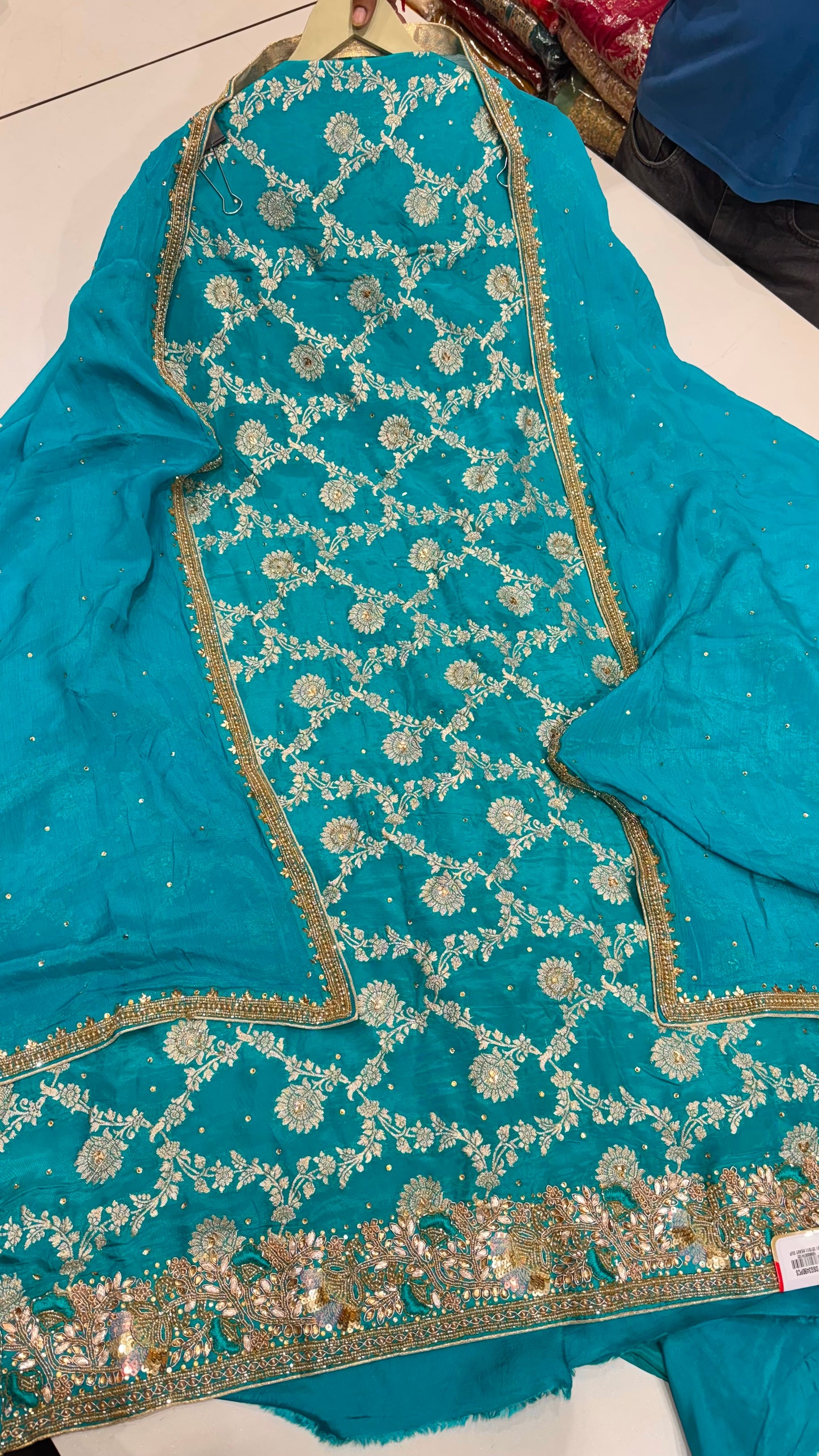Luxury Banarasi Silk Unstitched Suit with Hand Embroidered Borders