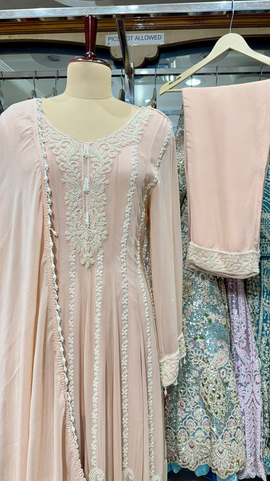 Readymade Peach Georgette Anarkali Suit with Hand Embroidered Pearl Work & Matching Dupatta