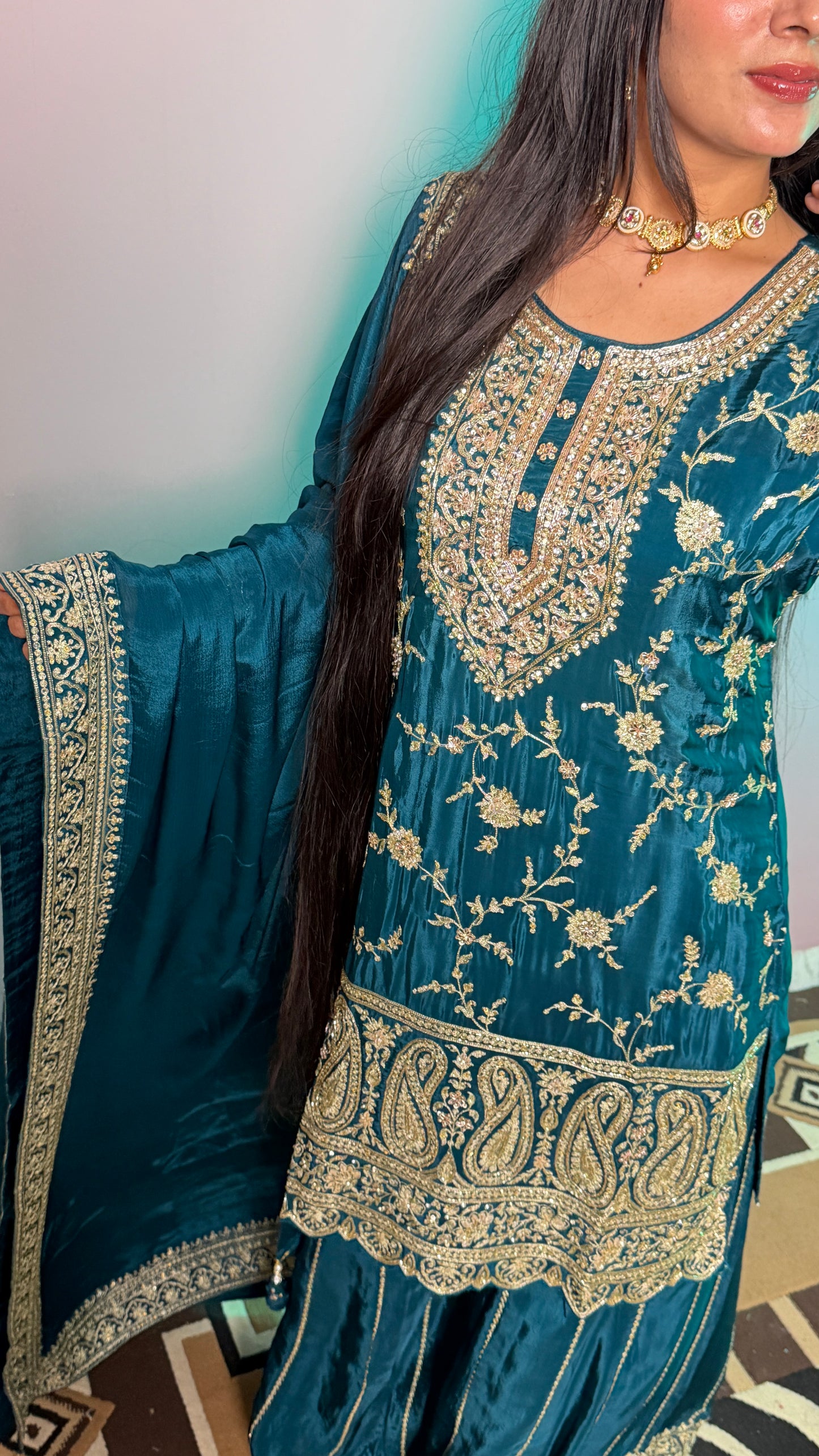 Emerald Elegance Handcrafted Zardozi Sharara Suit Set